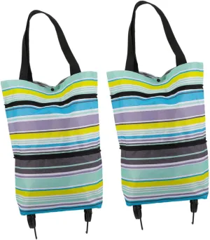 2Pcs Foldable Shopping Cart Rolling Tote Bag with Wheels Portable Striped Shopping Tote Reusable Wheeled Tote for Groceries Lightweight and Compact Design