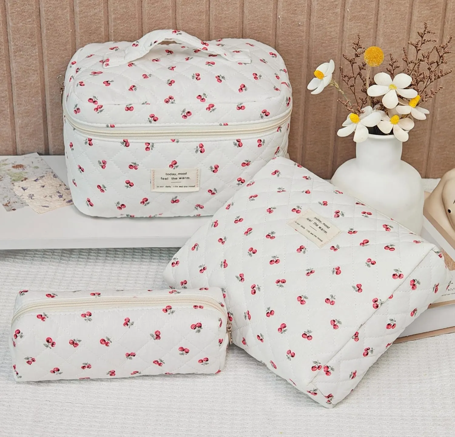 3 Pack Makeup Bag Set, Quilted Cosmetic Bag, Large Floral Makeup Bags, Cotton Makeup Bags, Coquette Makeup Pouch, Make Up Organizer Bag, Flower Travel Toiletry Bag (Cute Cherry)
