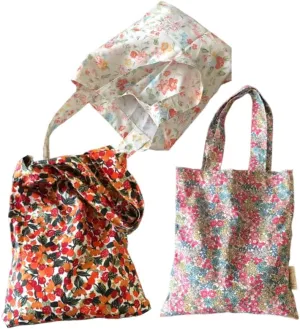 3 Pack Natural Cotton Tote Bags, Lightweight Flower Cloth Bags, Women's Retro Large Size Handbag Casual Tote