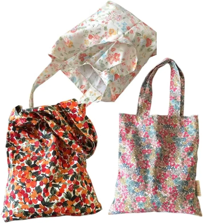 3 Pack Natural Cotton Tote Bags, Lightweight Flower Cloth Bags, Women's Retro Large Size Handbag Casual Tote