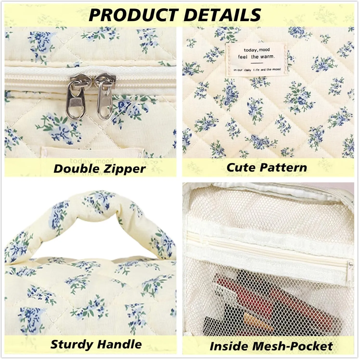 3 PCS Cosmetic Bag, Quilted Makeup Bag Set, Large Floral Cotton Make Up Bag for Women, Flower Travel Toiletry Organizer Bag, Coquette Makeup Pouch (Blue Flower)