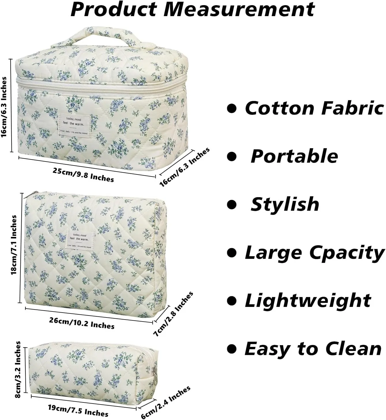 3 PCS Cosmetic Bag, Quilted Makeup Bag Set, Large Floral Cotton Make Up Bag for Women, Flower Travel Toiletry Organizer Bag, Coquette Makeup Pouch (Blue Flower)