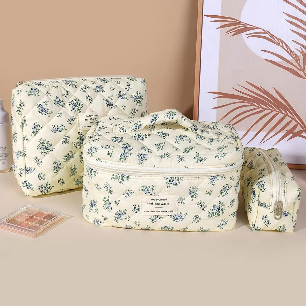 3 PCS Cosmetic Bag, Quilted Makeup Bag Set, Large Floral Cotton Make Up Bag for Women, Flower Travel Toiletry Organizer Bag, Coquette Makeup Pouch (Blue Flower)