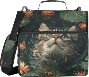 3 Ring Binder Zipper Binders Cat Lotus Pond Trapper Keeper Expanding File Folder Bag with Shoulder Strap