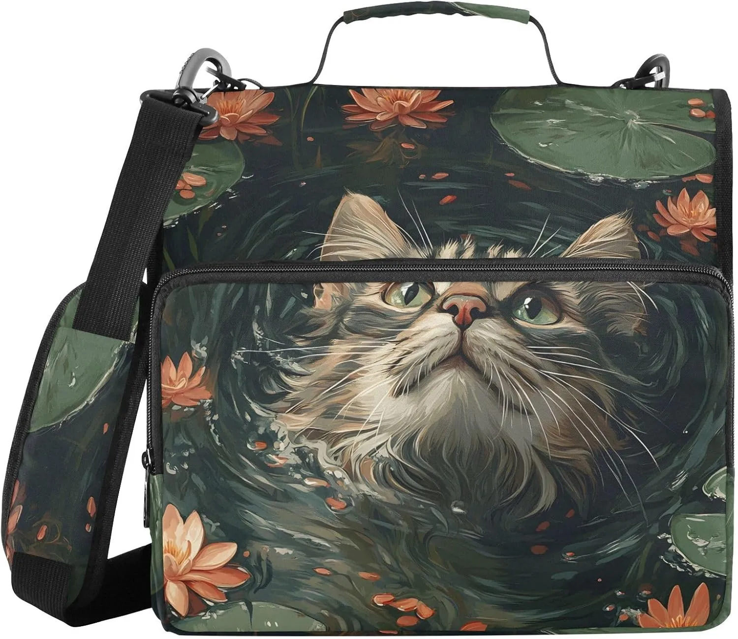 3 Ring Binder Zipper Binders Cat Lotus Pond Trapper Keeper Expanding File Folder Bag with Shoulder Strap