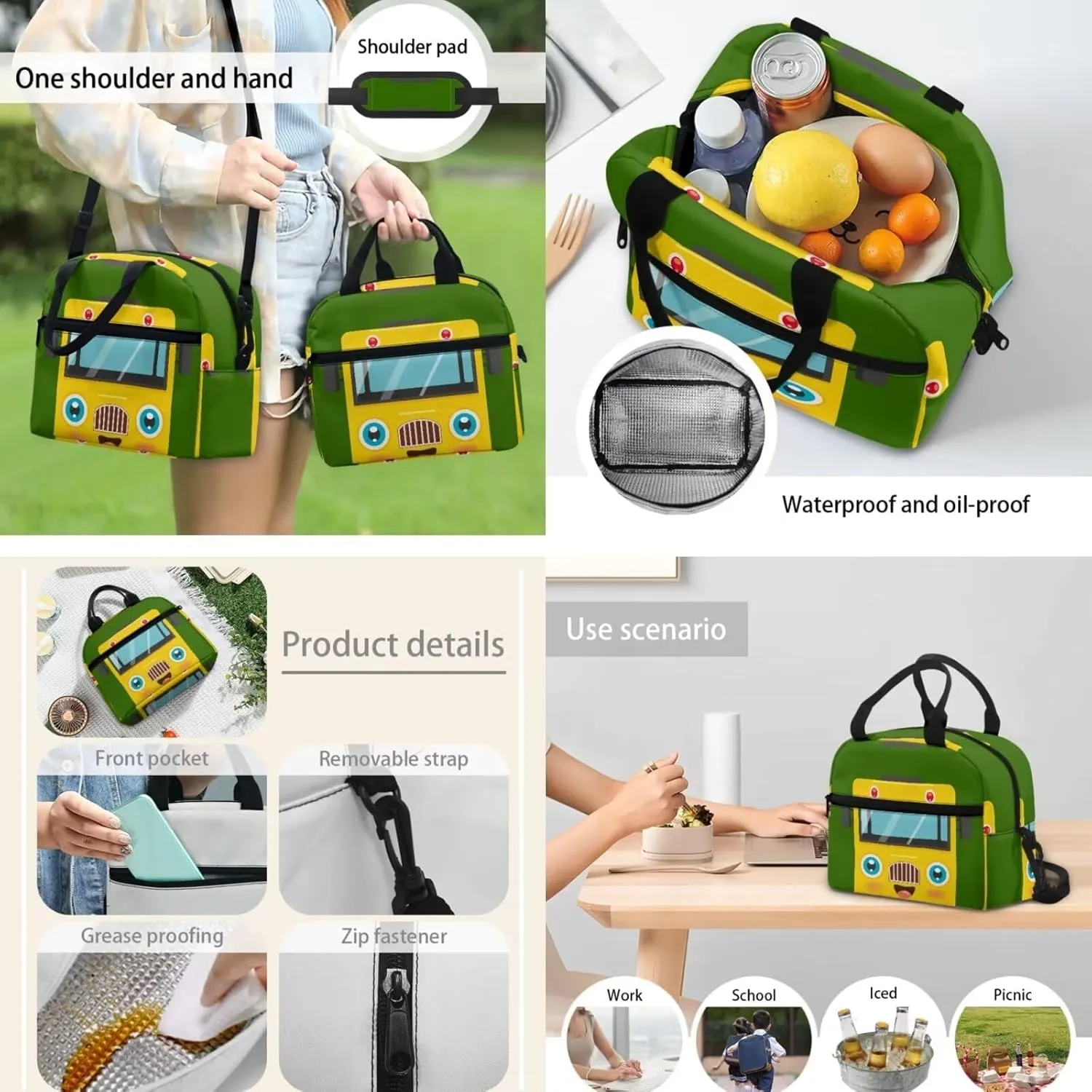 3 Sets of Cartoon Cute Bus Pattern School Bag, Matching with Waterproof Lunch Bag and Pencil Case 15 Inch Backpack, 3 in 1 Set for Kids Travel Outdoor Festival Gift