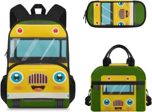 3 Sets of Cartoon Cute Bus Pattern School Bag, Matching with Waterproof Lunch Bag and Pencil Case 15 Inch Backpack, 3 in 1 Set for Kids Travel Outdoor Festival Gift