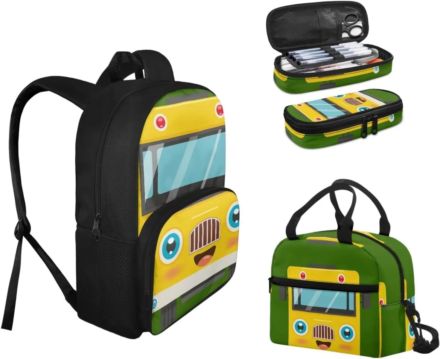 3 Sets of Cartoon Cute Bus Pattern School Bag, Matching with Waterproof Lunch Bag and Pencil Case 15 Inch Backpack, 3 in 1 Set for Kids Travel Outdoor Festival Gift