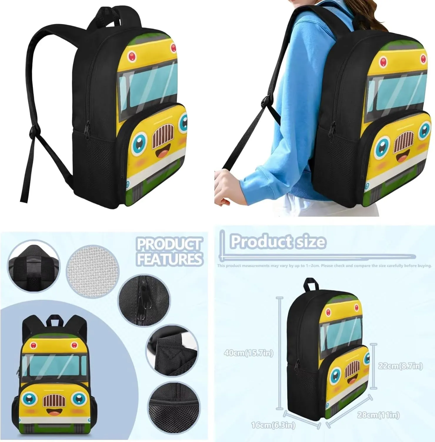 3 Sets of Cartoon Cute Bus Pattern School Bag, Matching with Waterproof Lunch Bag and Pencil Case 15 Inch Backpack, 3 in 1 Set for Kids Travel Outdoor Festival Gift