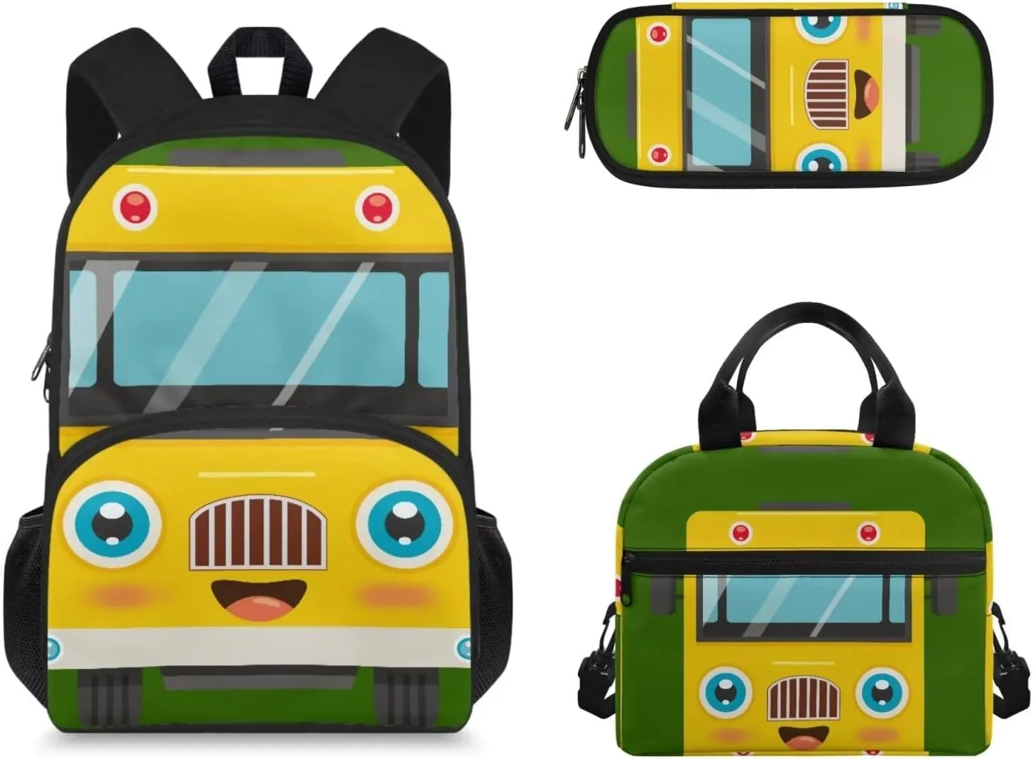 3 Sets of Cartoon Cute Bus Pattern School Bag, Matching with Waterproof Lunch Bag and Pencil Case 15 Inch Backpack, 3 in 1 Set for Kids Travel Outdoor Festival Gift