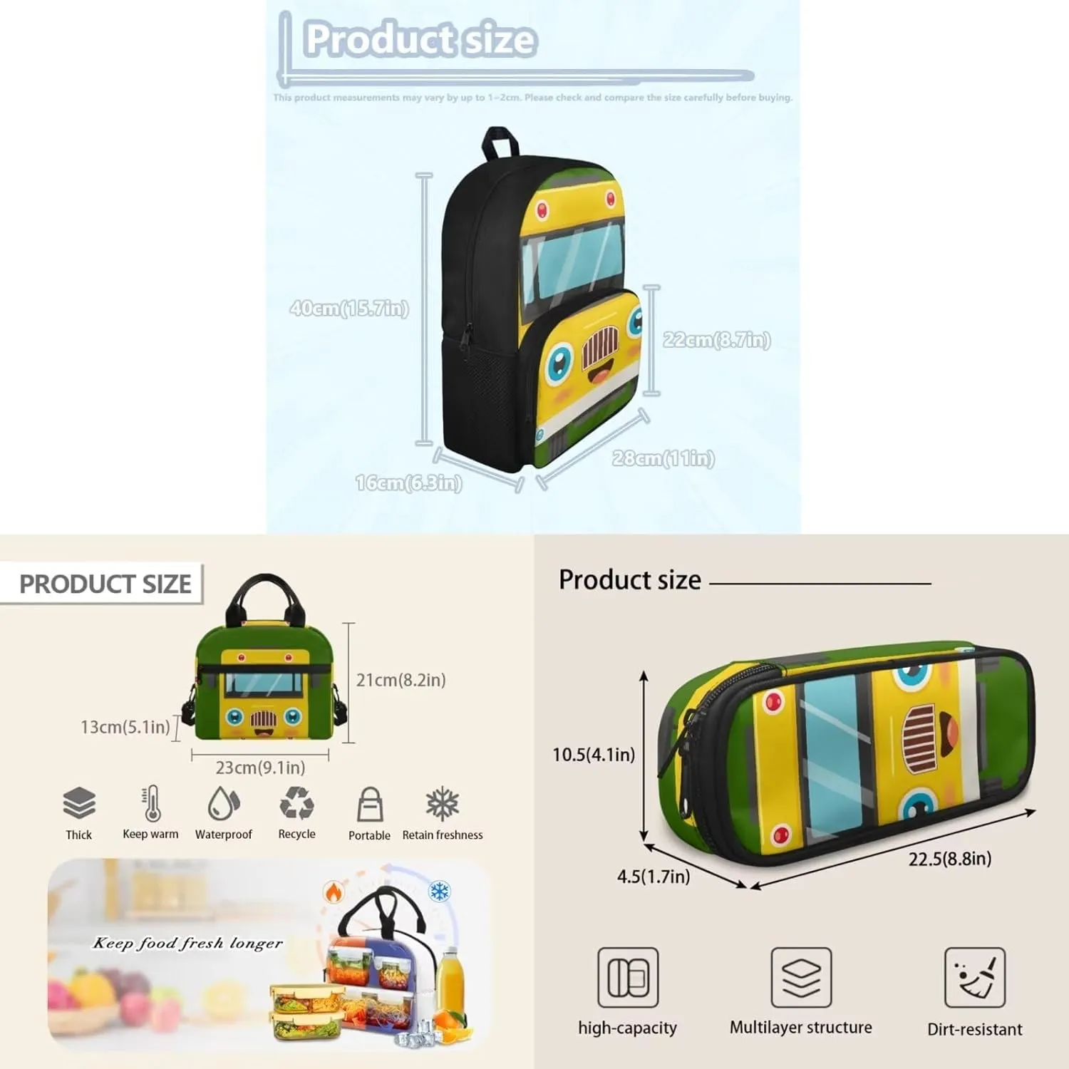 3 Sets of Cartoon Cute Bus Pattern School Bag, Matching with Waterproof Lunch Bag and Pencil Case 15 Inch Backpack, 3 in 1 Set for Kids Travel Outdoor Festival Gift
