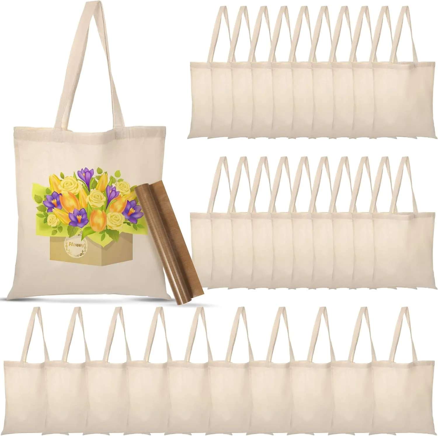 30 Blank Canvas Tote Bags Bulk with 1 Piece of PTFE Sheet for Iron on Heat Transfer DIY Sublimation Natural Cotton Kitchen Reusable Grocery Bags