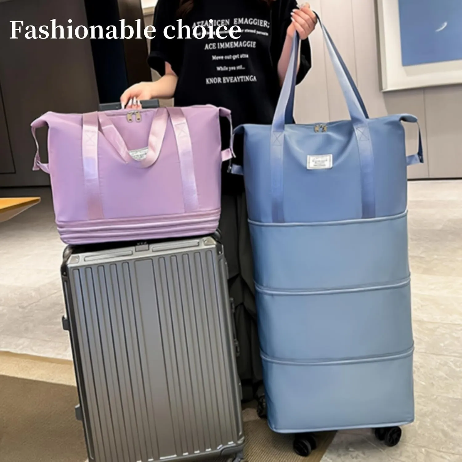 3Layer Rolling Duffel Bag with Wheels Foldable Travel Luggage Bag with 4 Detachable Swivel Wheels (Black)