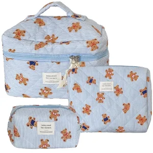 3PCS Quilted Make Up Bag Set Cute Cotton Make Up Pouch Blue Striped Bear Cosmetic Bag Set Large Travel Toiletry Bag For Women(B)