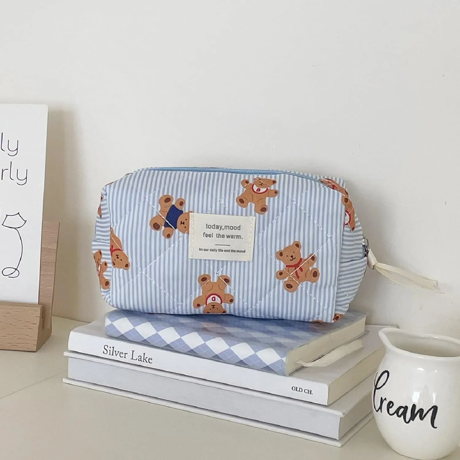 3PCS Quilted Make Up Bag Set Cute Cotton Make Up Pouch Blue Striped Bear Cosmetic Bag Set Large Travel Toiletry Bag For Women(B)