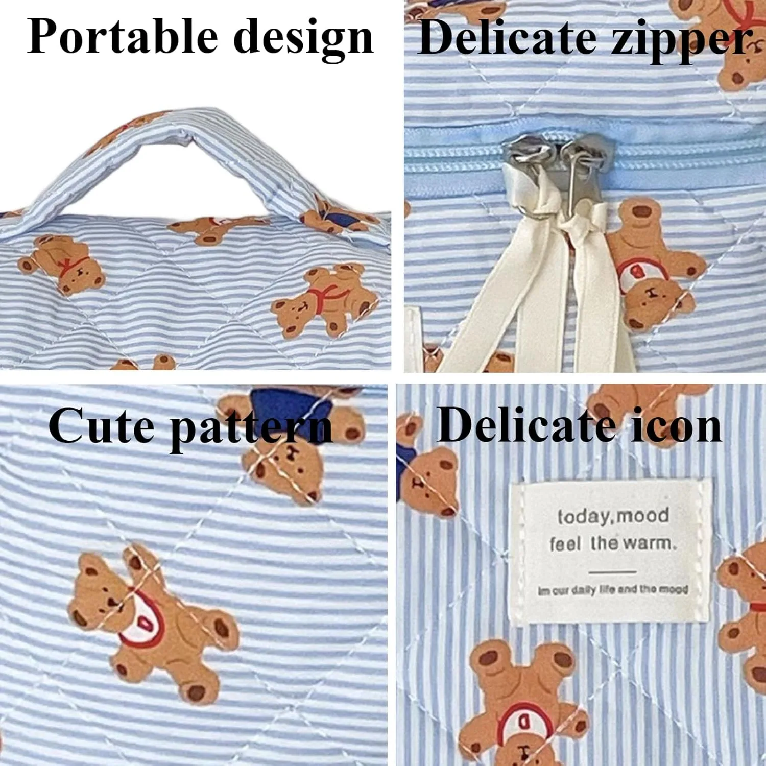 3PCS Quilted Make Up Bag Set Cute Cotton Make Up Pouch Blue Striped Bear Cosmetic Bag Set Large Travel Toiletry Bag For Women(B)