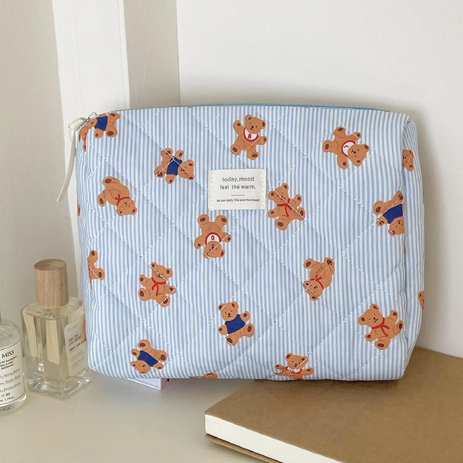 3PCS Quilted Make Up Bag Set Cute Cotton Make Up Pouch Blue Striped Bear Cosmetic Bag Set Large Travel Toiletry Bag For Women(B)