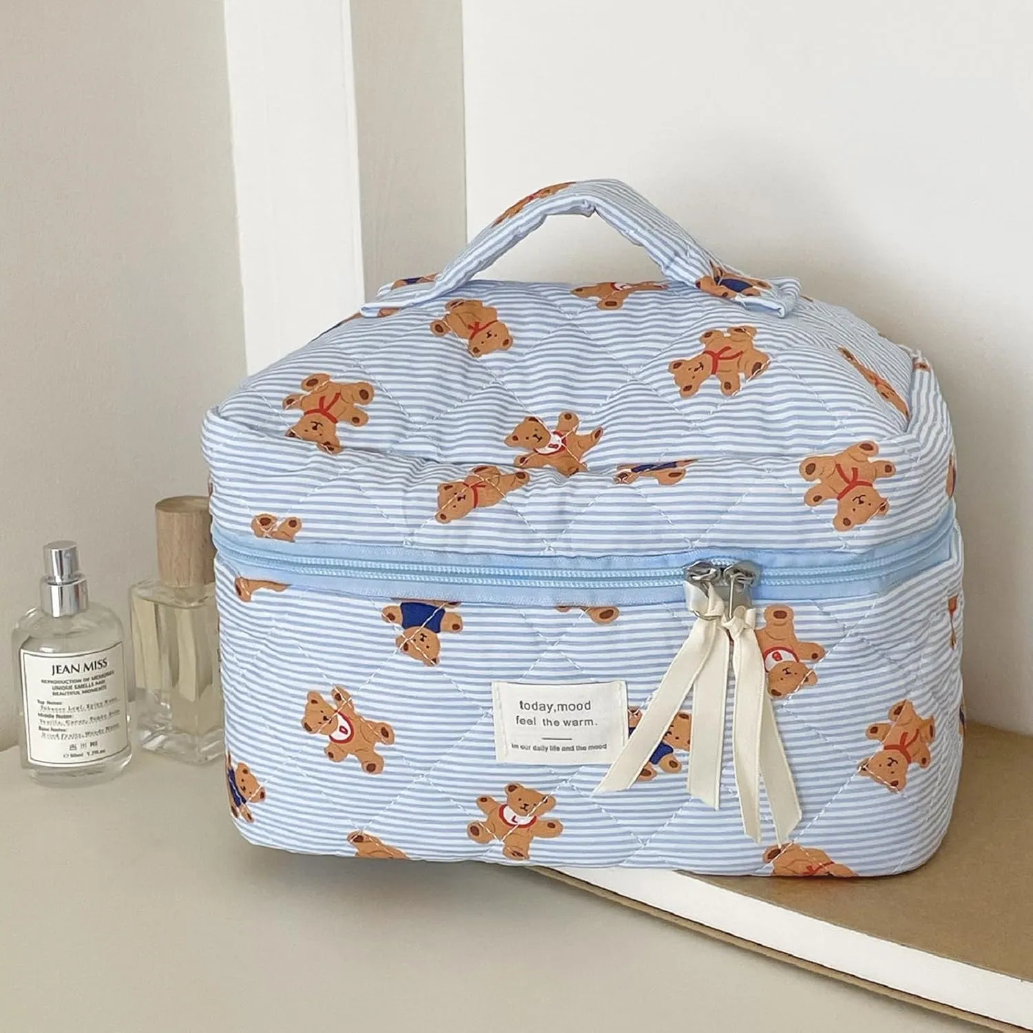 3PCS Quilted Make Up Bag Set Cute Cotton Make Up Pouch Blue Striped Bear Cosmetic Bag Set Large Travel Toiletry Bag For Women(B)