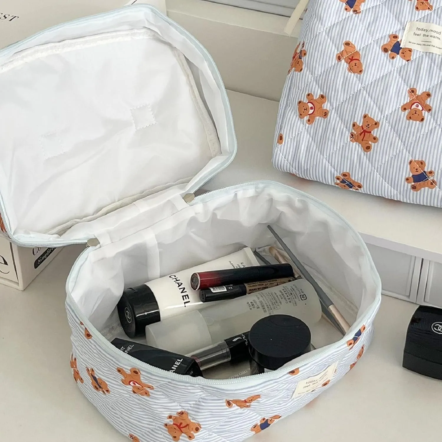 3PCS Quilted Make Up Bag Set Cute Cotton Make Up Pouch Blue Striped Bear Cosmetic Bag Set Large Travel Toiletry Bag For Women(B)