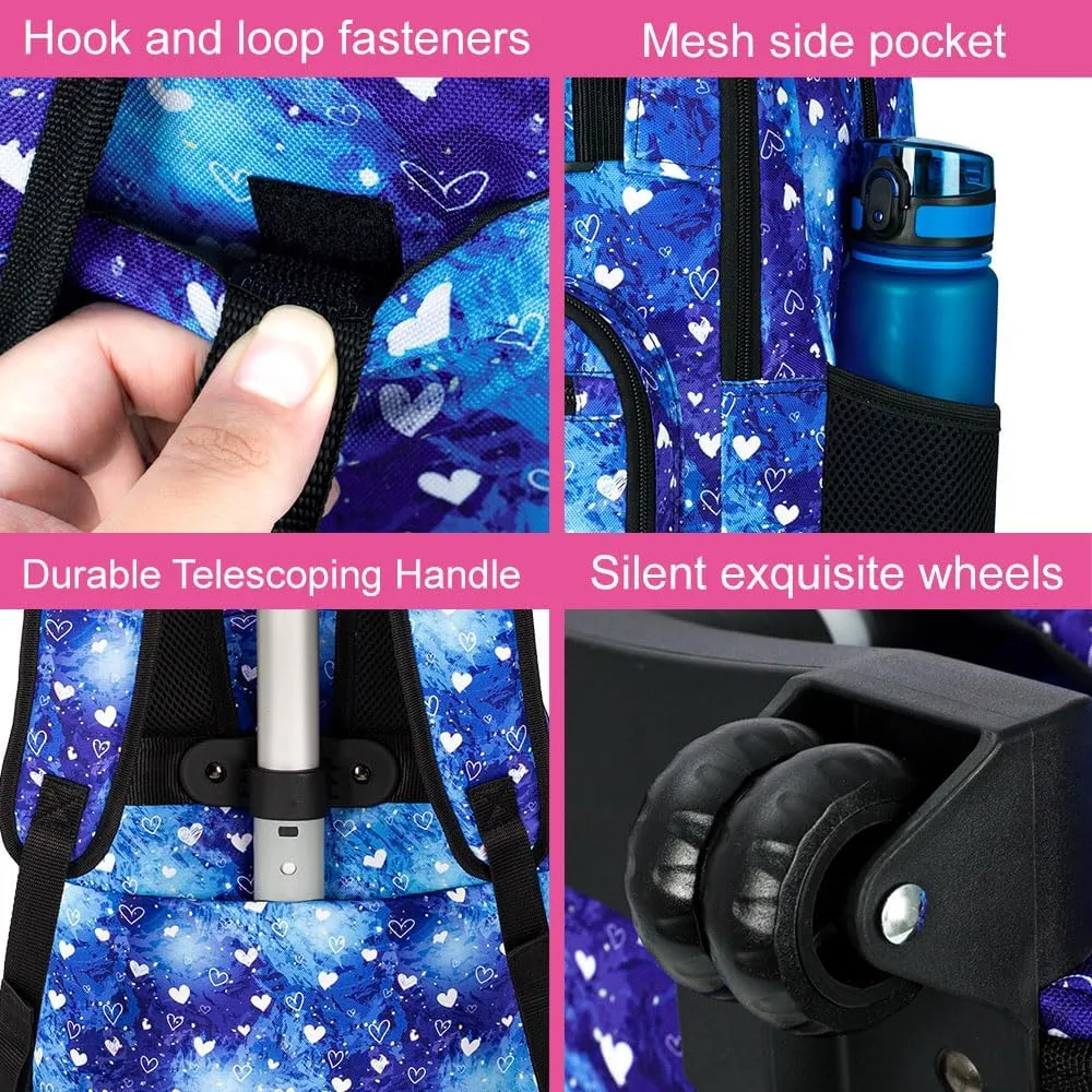 3Pcs Rolling Backpack for Girls Women, Travel Roller Backpacks with Wheels for Adults, Teens College Love Polka Dots Wheeled Bookbag with Lunch Box(Blue)