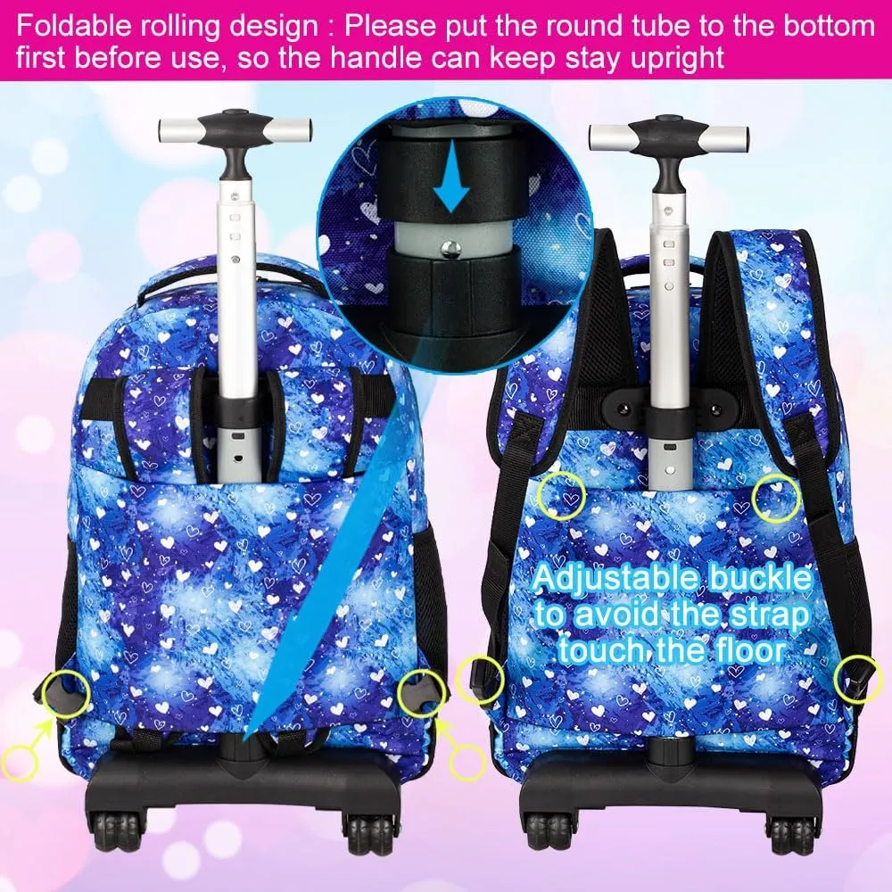 3Pcs Rolling Backpack for Girls Women, Travel Roller Backpacks with Wheels for Adults, Teens College Love Polka Dots Wheeled Bookbag with Lunch Box(Blue)