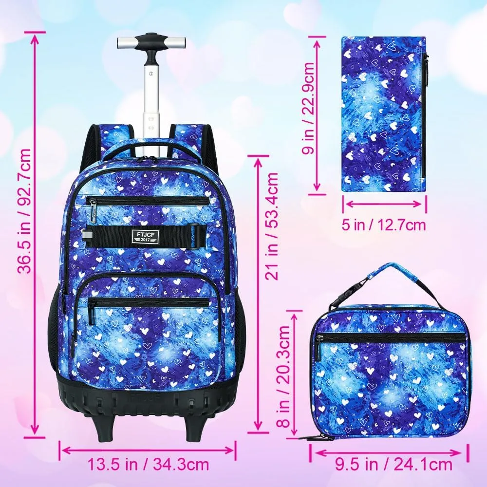 3Pcs Rolling Backpack for Girls Women, Travel Roller Backpacks with Wheels for Adults, Teens College Love Polka Dots Wheeled Bookbag with Lunch Box(Blue)