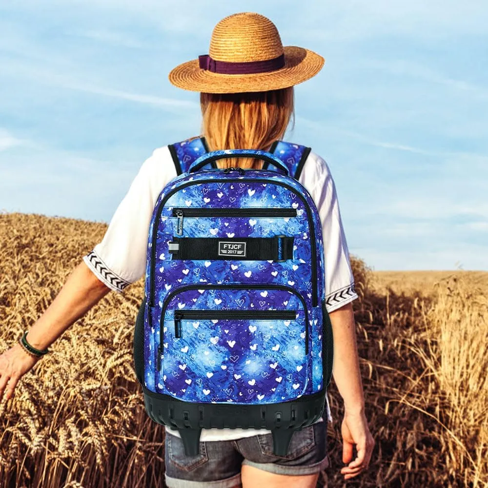 3Pcs Rolling Backpack for Girls Women, Travel Roller Backpacks with Wheels for Adults, Teens College Love Polka Dots Wheeled Bookbag with Lunch Box(Blue)