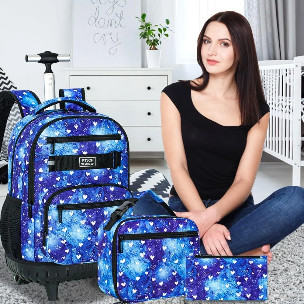 3Pcs Rolling Backpack for Girls Women, Travel Roller Backpacks with Wheels for Adults, Teens College Love Polka Dots Wheeled Bookbag with Lunch Box(Blue)