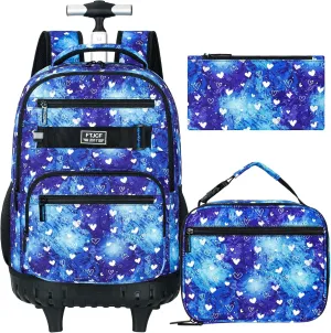 3Pcs Rolling Backpack for Girls Women, Travel Roller Backpacks with Wheels for Adults, Teens College Love Polka Dots Wheeled Bookbag with Lunch Box(Blue)