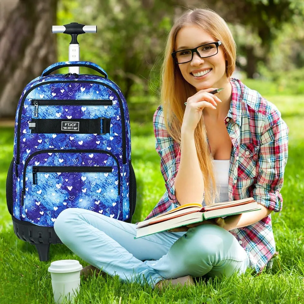 3Pcs Rolling Backpack for Girls Women, Travel Roller Backpacks with Wheels for Adults, Teens College Love Polka Dots Wheeled Bookbag with Lunch Box(Blue)
