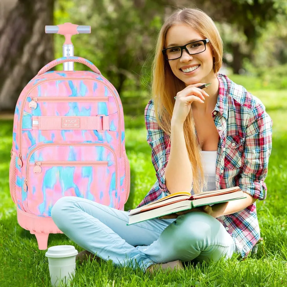 3Pcs Rolling Backpack for Girls Women, Travel Roller Backpacks with Wheels for Adults, Teens College Tie-Dye Wheeled Bookbag with Lunch Box(Pink)