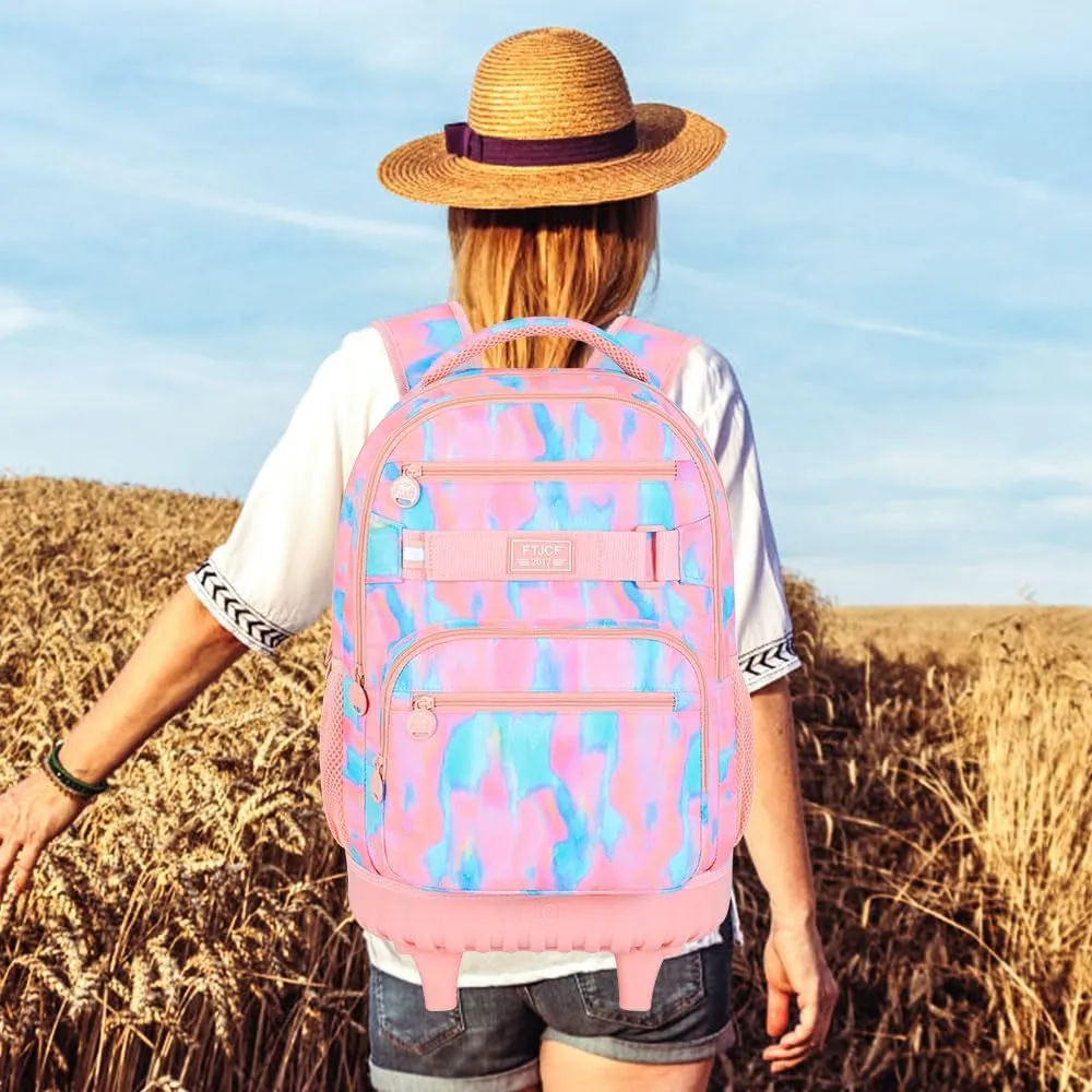 3Pcs Rolling Backpack for Girls Women, Travel Roller Backpacks with Wheels for Adults, Teens College Tie-Dye Wheeled Bookbag with Lunch Box(Pink)