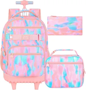 3Pcs Rolling Backpack for Girls Women, Travel Roller Backpacks with Wheels for Adults, Teens College Tie-Dye Wheeled Bookbag with Lunch Box(Pink)