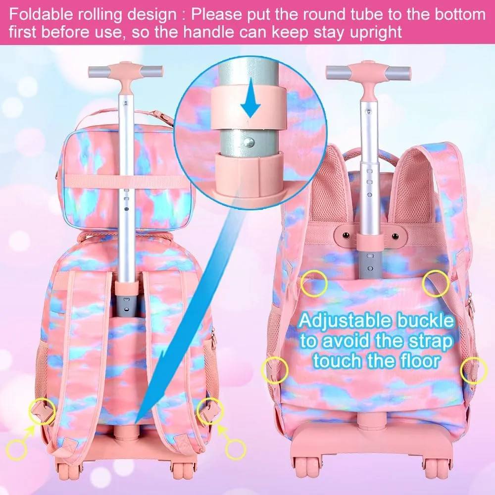 3Pcs Rolling Backpack for Girls Women, Travel Roller Backpacks with Wheels for Adults, Teens College Tie-Dye Wheeled Bookbag with Lunch Box(Pink)