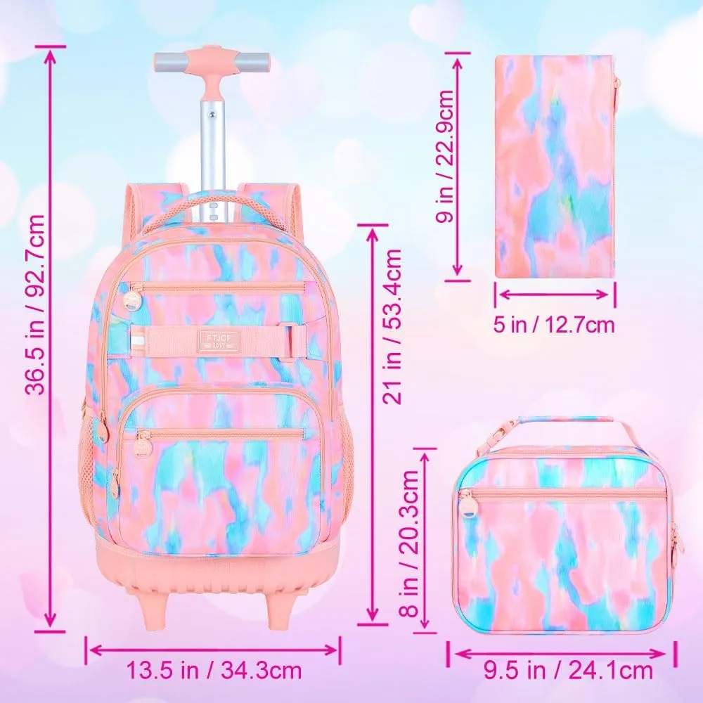 3Pcs Rolling Backpack for Girls Women, Travel Roller Backpacks with Wheels for Adults, Teens College Tie-Dye Wheeled Bookbag with Lunch Box(Pink)