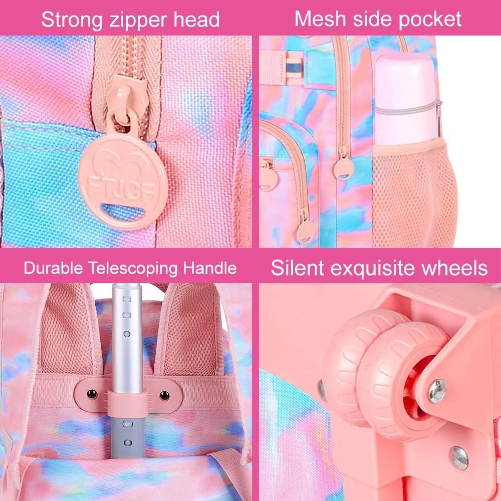 3Pcs Rolling Backpack for Girls Women, Travel Roller Backpacks with Wheels for Adults, Teens College Tie-Dye Wheeled Bookbag with Lunch Box(Pink)