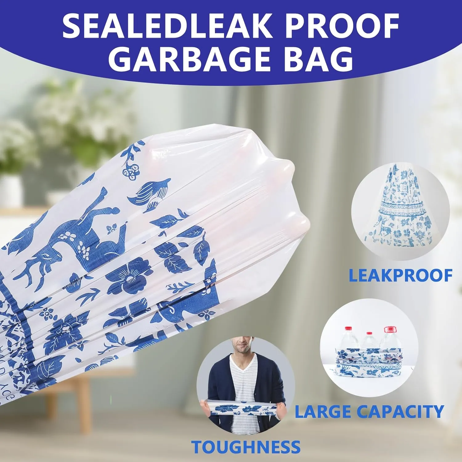4 Gallon Trash Bags Drawstring, Printed Small Garbage Bags with Secure Tie, Tear-Resistant & Leakproof Design for Bathroom/Bedroom, Decorative Odor-Control Trash Can Liners, 160 Counts