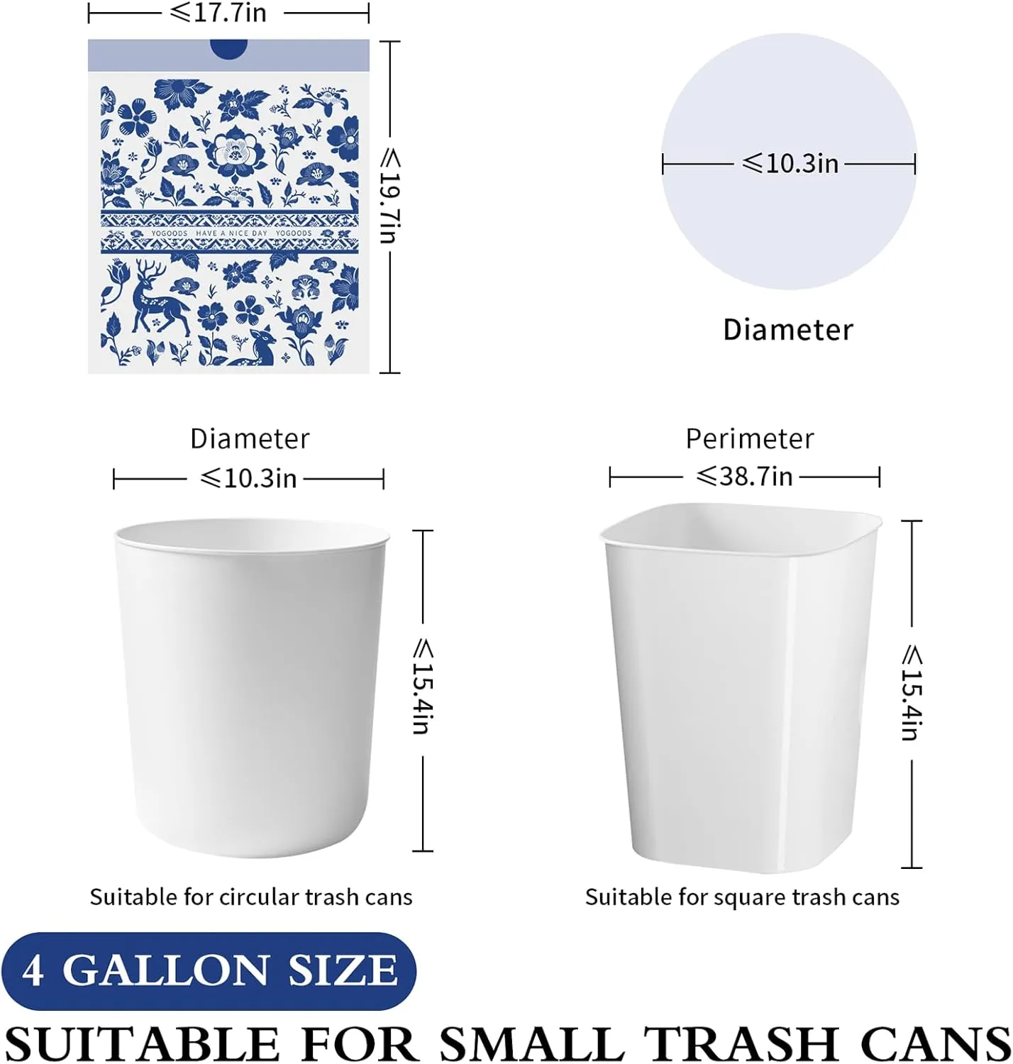 4 Gallon Trash Bags Drawstring, Printed Small Garbage Bags with Secure Tie, Tear-Resistant & Leakproof Design for Bathroom/Bedroom, Decorative Odor-Control Trash Can Liners, 160 Counts