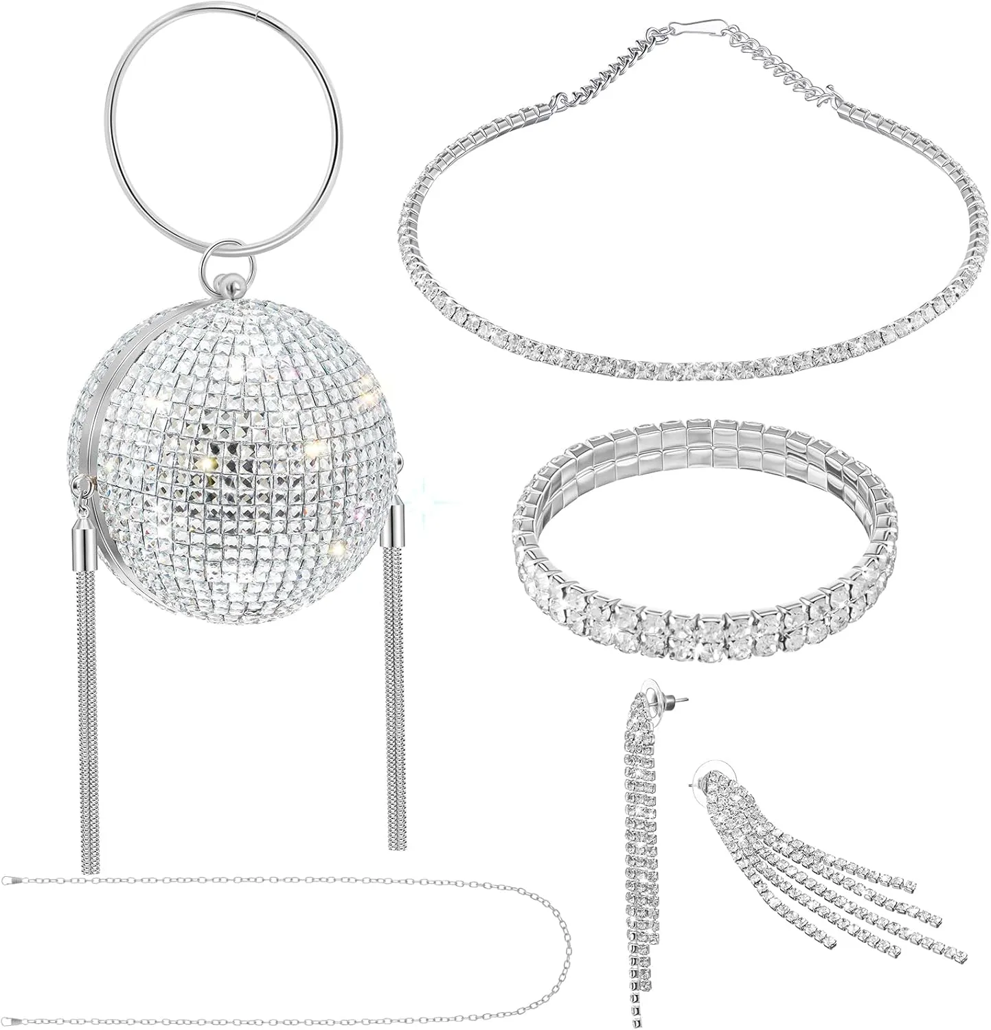 4 Pcs Silver Jewelry Set for Women with Disco Ball Purse Rhinestone Crystal Bracelet Necklace and Drop Earrings Glitter Round Ball Clutch Bag for Bridal Wedding Birthday Prom Party