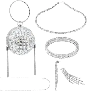 4 Pcs Silver Jewelry Set for Women with Disco Ball Purse Rhinestone Crystal Bracelet Necklace and Drop Earrings Glitter Round Ball Clutch Bag for Bridal Wedding Birthday Prom Party