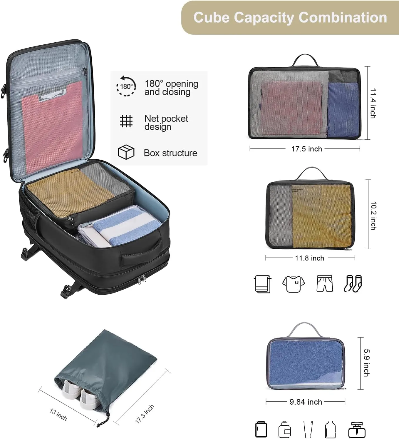 47L Carry on Backpack, Large Travel Backpack for Women Men Airline Approved, Expandable Suitcase Backpacks With Packing Cubes, Carry on Luggage Waterproof Backpack