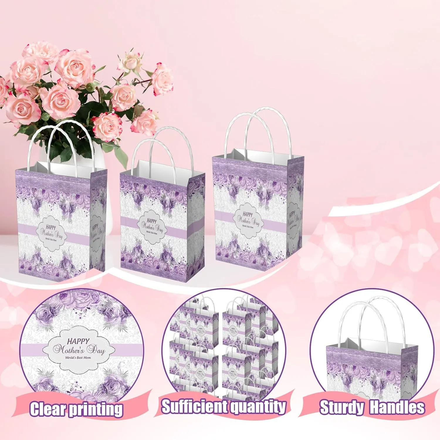 48 Pcs Mother's Gift Bags Happy Mother's Day Candy Bags with Handles Purple Floral Design Paper Gift Pouch for Women Valentine Anniversary Birthday Party Goodies Treat Box 3.15×5.9×11 Inch