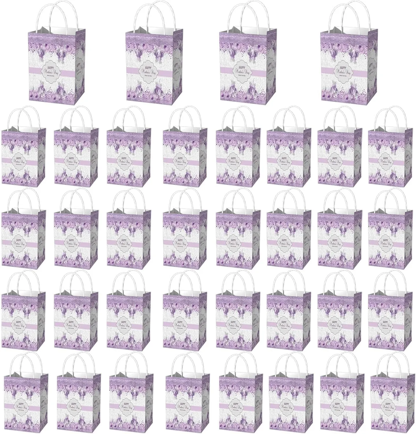 48 Pcs Mother's Gift Bags Happy Mother's Day Candy Bags with Handles Purple Floral Design Paper Gift Pouch for Women Valentine Anniversary Birthday Party Goodies Treat Box 3.15×5.9×11 Inch