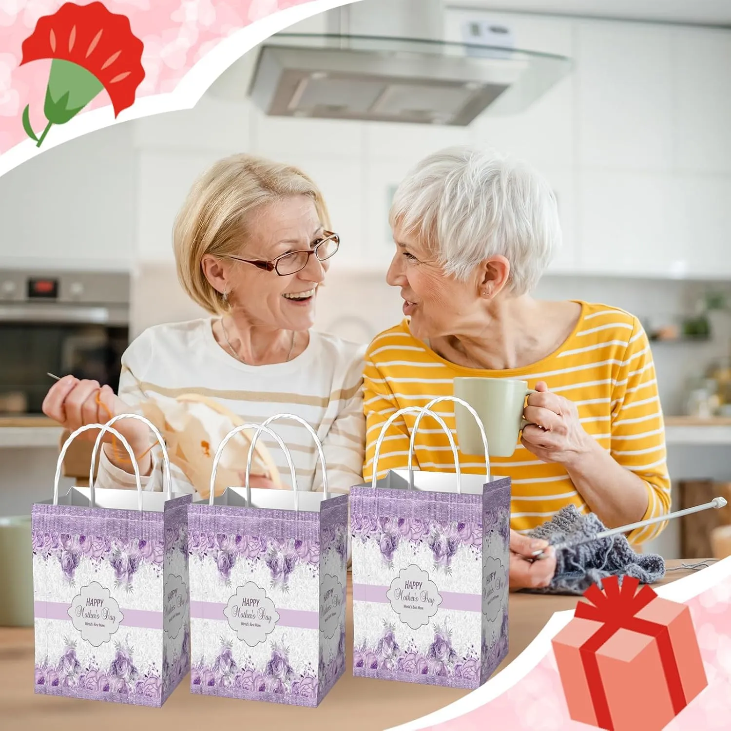 48 Pcs Mother's Gift Bags Happy Mother's Day Candy Bags with Handles Purple Floral Design Paper Gift Pouch for Women Valentine Anniversary Birthday Party Goodies Treat Box 3.15×5.9×11 Inch
