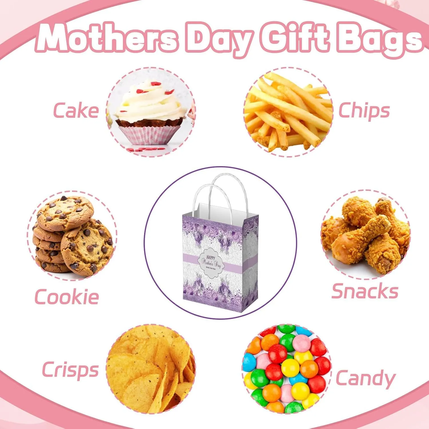 48 Pcs Mother's Gift Bags Happy Mother's Day Candy Bags with Handles Purple Floral Design Paper Gift Pouch for Women Valentine Anniversary Birthday Party Goodies Treat Box 3.15×5.9×11 Inch
