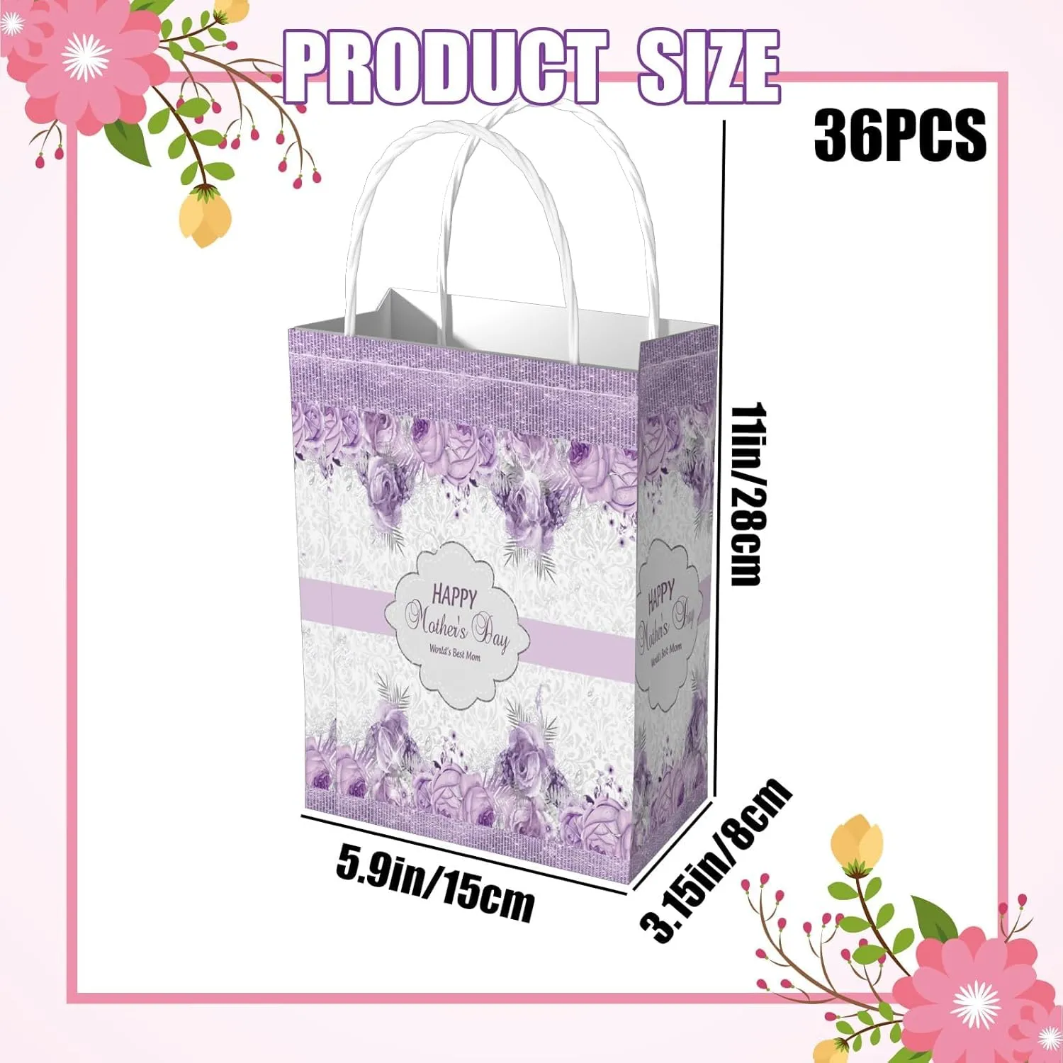 48 Pcs Mother's Gift Bags Happy Mother's Day Candy Bags with Handles Purple Floral Design Paper Gift Pouch for Women Valentine Anniversary Birthday Party Goodies Treat Box 3.15×5.9×11 Inch