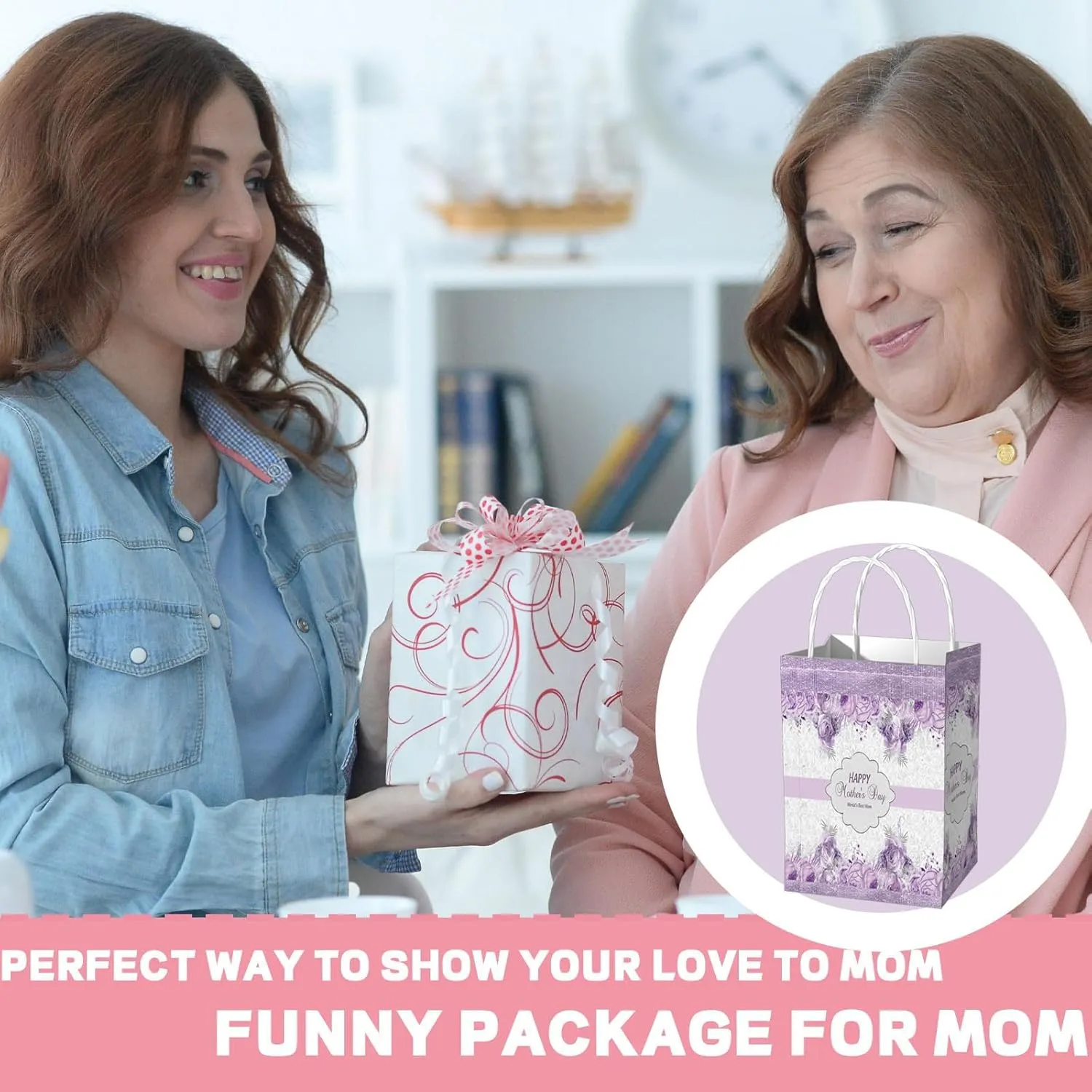 48 Pcs Mother's Gift Bags Happy Mother's Day Candy Bags with Handles Purple Floral Design Paper Gift Pouch for Women Valentine Anniversary Birthday Party Goodies Treat Box 3.15×5.9×11 Inch