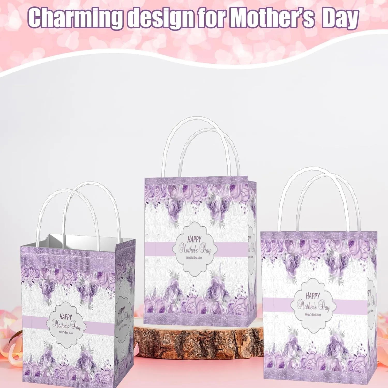 48 Pcs Mother's Gift Bags Happy Mother's Day Candy Bags with Handles Purple Floral Design Paper Gift Pouch for Women Valentine Anniversary Birthday Party Goodies Treat Box 3.15×5.9×11 Inch