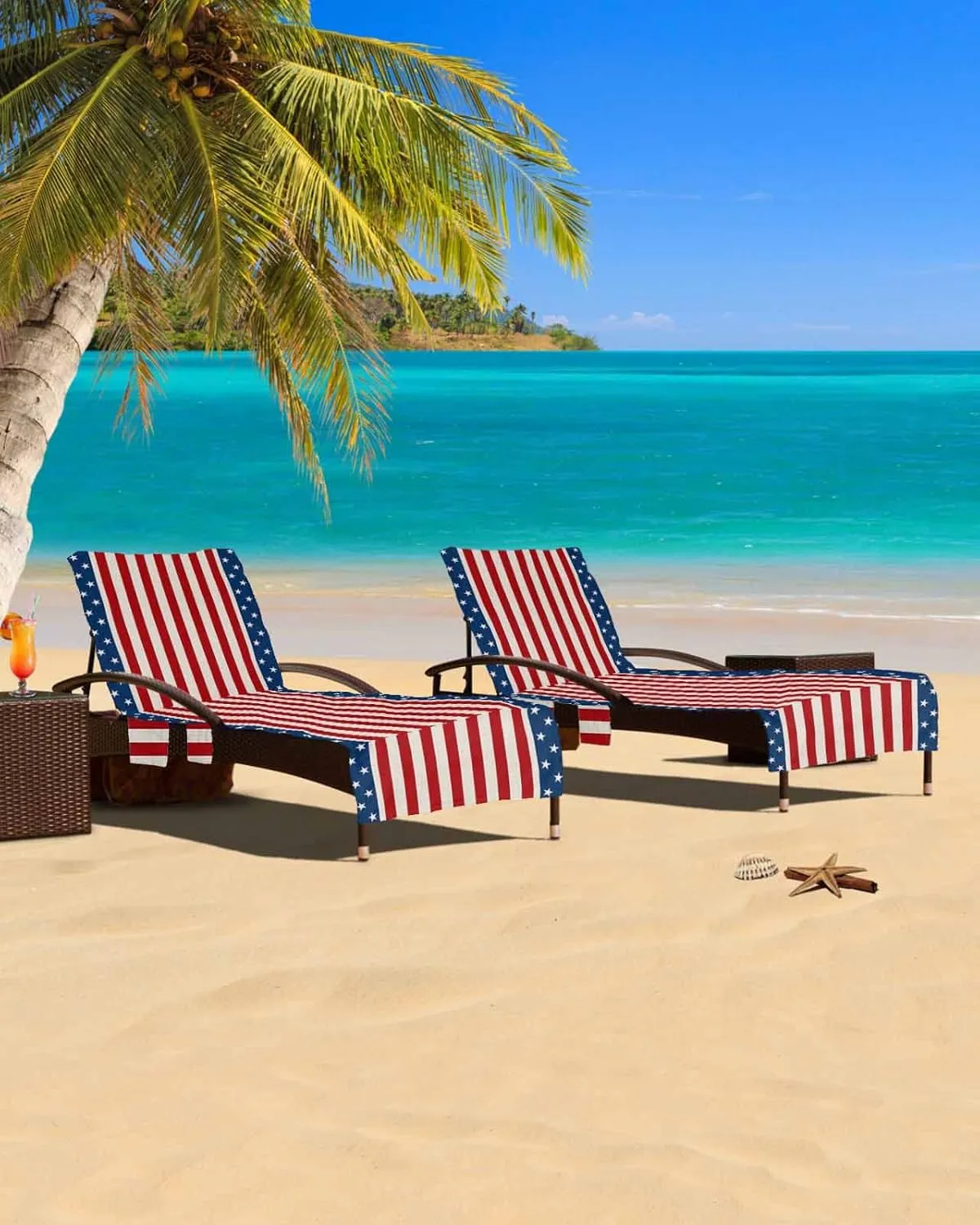 4th of July Red Chaise Lounger Cover with Pockets, Pool Lounge Chair Covers 85"x29", Blue Independence Day Striped Star Microfiber Beach Chair Cover for Outdoor Patio Sunbathing
