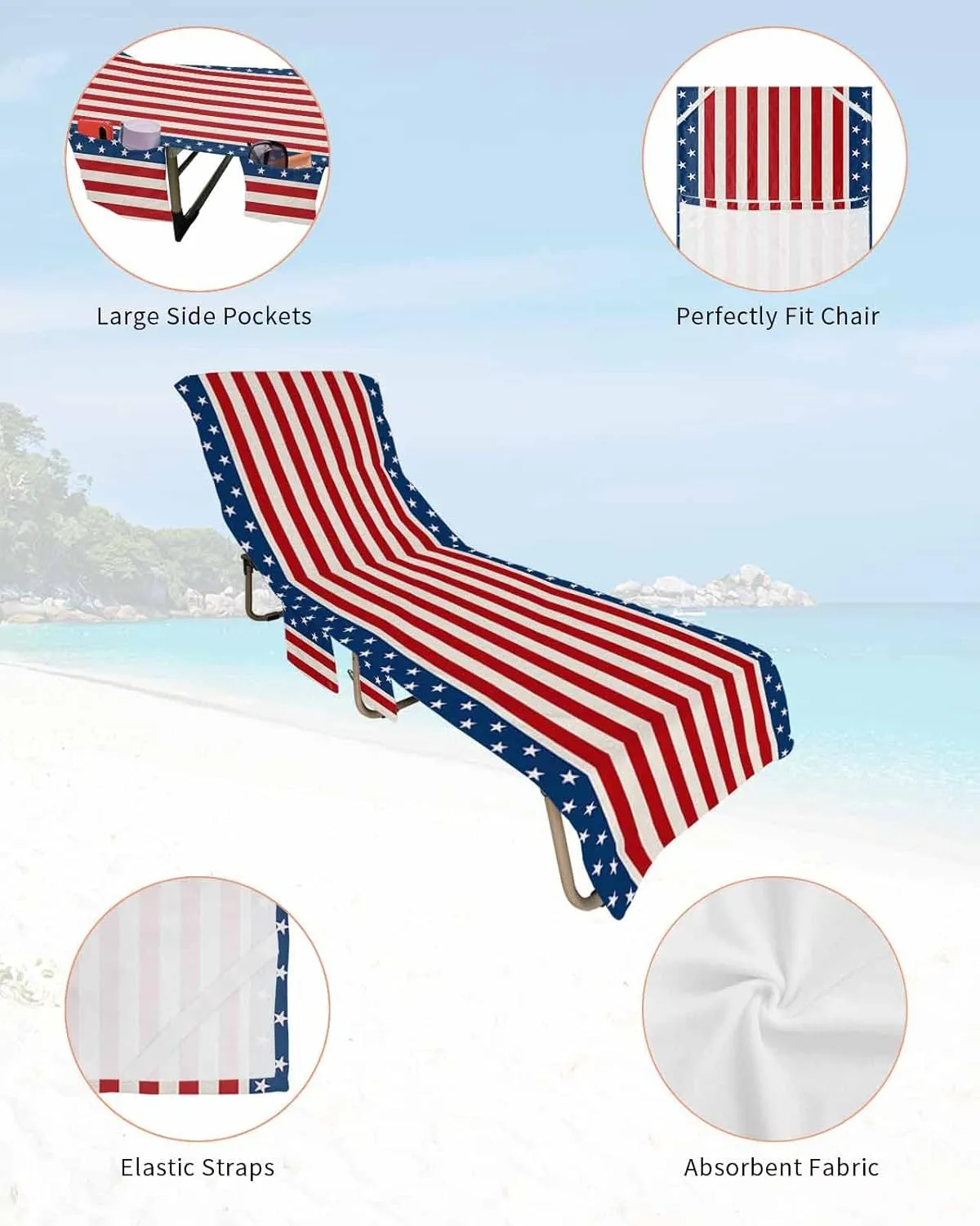 4th of July Red Chaise Lounger Cover with Pockets, Pool Lounge Chair Covers 85"x29", Blue Independence Day Striped Star Microfiber Beach Chair Cover for Outdoor Patio Sunbathing